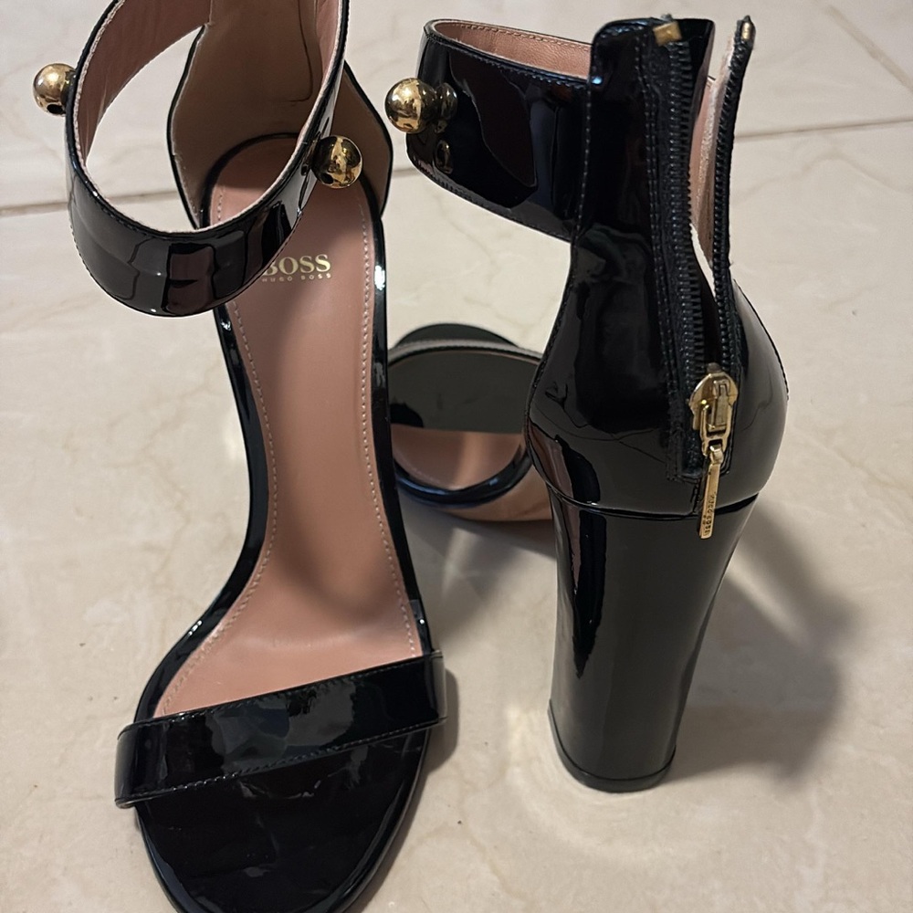 Boss Glossy Black Heels with Gold Accents